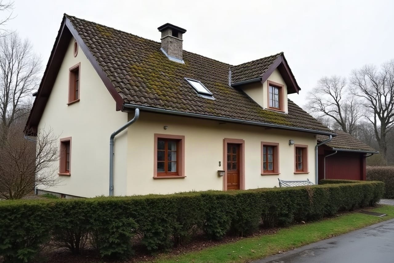 Einfamilienhaus mit deutlich vermoostem Ziegeldach an einem bedeckten Wintertag